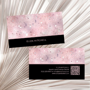 Retro Blush Pink Disco Ball Mirror   QR Code Business Card