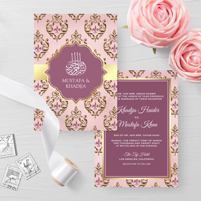 Retro Blush Pink Purple Gold Damask Muslim Wedding Invitation (Creator Uploaded)