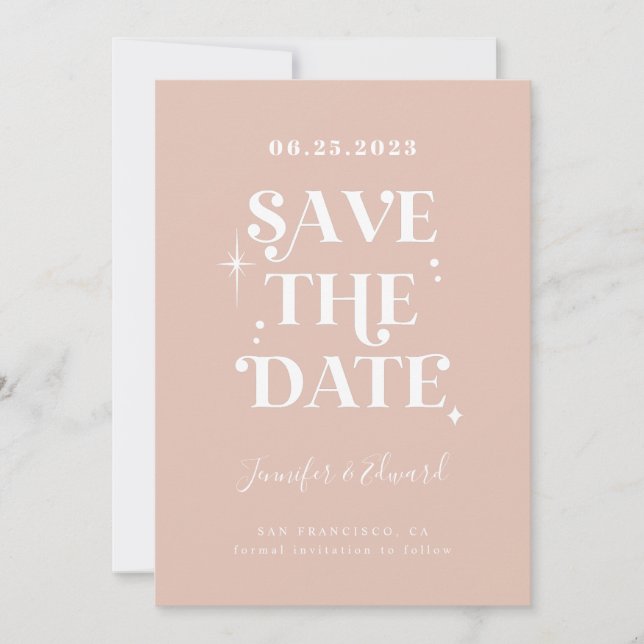Retro Blush Pink Save The Date Card (Front)