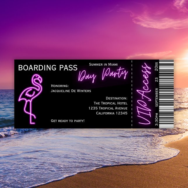 Retro Boarding Pass Neon Flamingo Summer Day Party Invitation (Creator Uploaded)