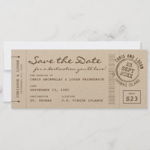 Retro Boarding Pass & Passport Stamp Save the Date Announcement
