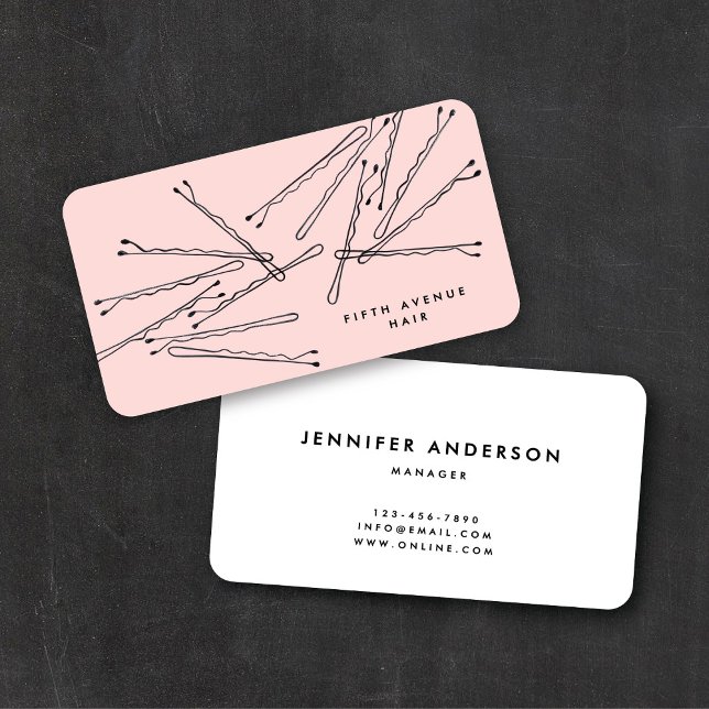 Retro Bobby Pins Pink & Black Hair Stylist Barber Business Card (Creator Uploaded)