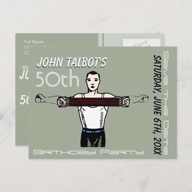 Retro Bodybuilding 50th Birthday Save the Date Announcement Postcard (Front/Back)