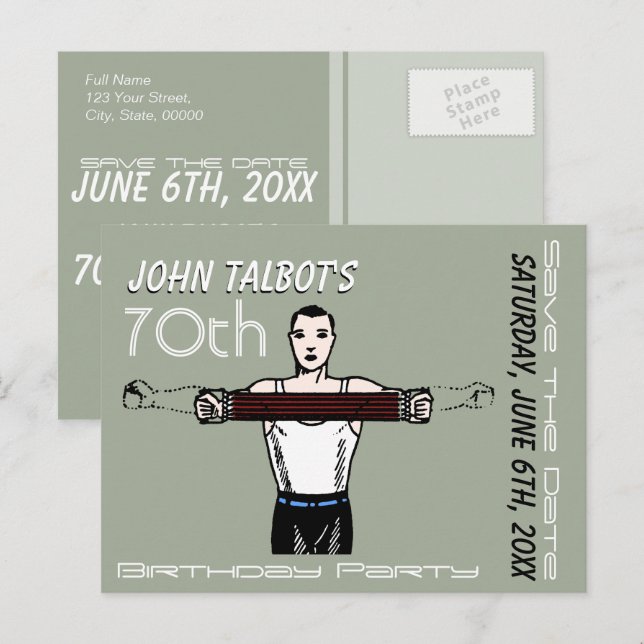 Retro Bodybuilding 70th Birthday Save the Date Announcement Postcard (Front/Back)
