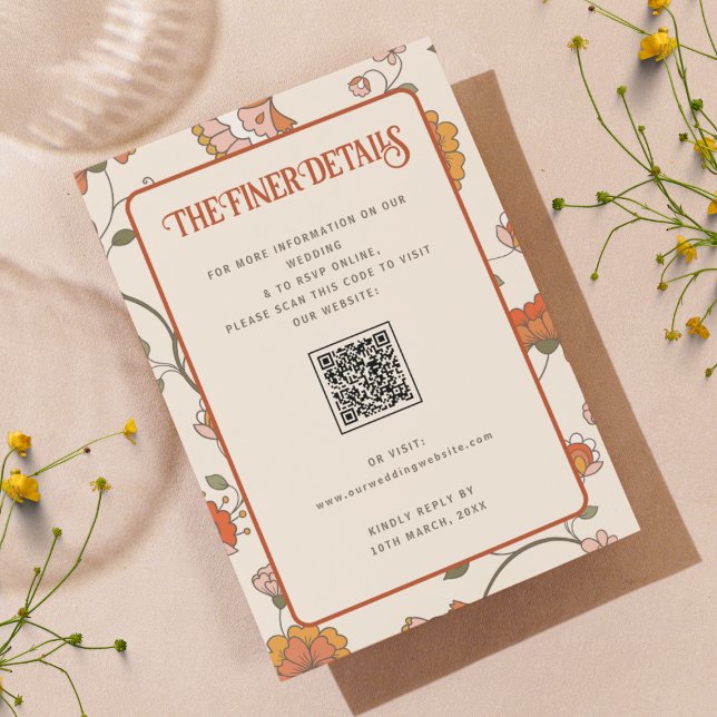 Retro Bohemian Floral Wedding Details QR Code Enclosure Card (Creator Uploaded)