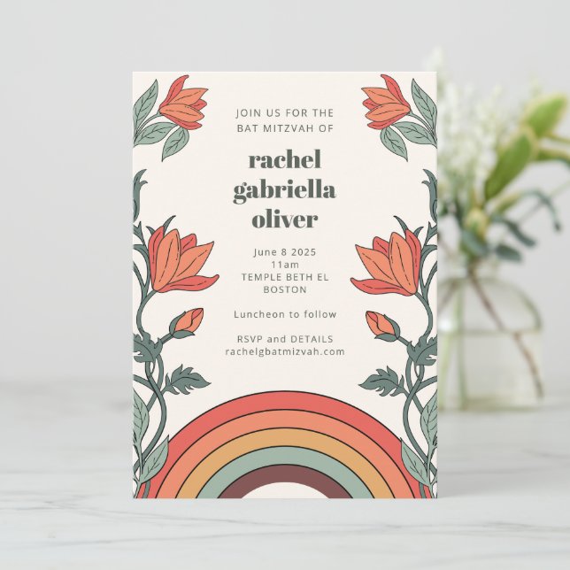 Retro Bohemian Rainbow Floral Unique Bat Mitzvah Invitation (Standing Front)