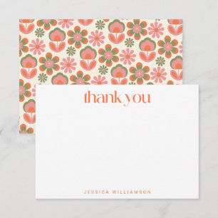 Retro Boho 70s Flowers Pink Custom Bridal Shower Thank You Card
