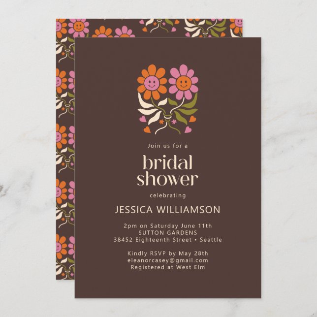 Retro Boho 70s Smile Floral Groovy Bridal Shower Invitation (Front/Back)