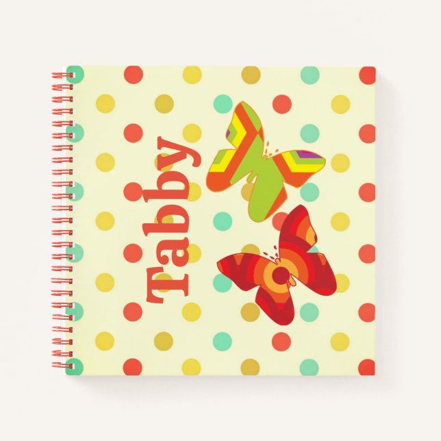 Retro boho 70's stripe polka dot butterfly orange notebook (Front)