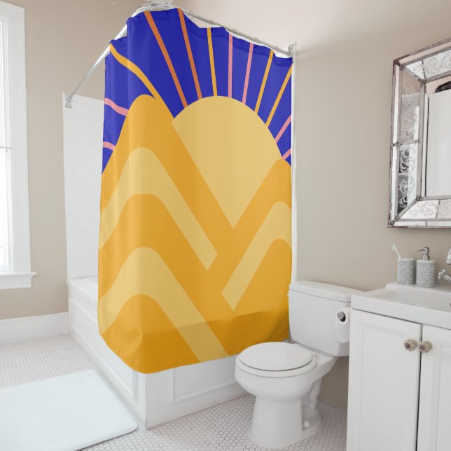 Retro Boho Abstract Landscape Blue Yellow Shower Curtain (In Situ)