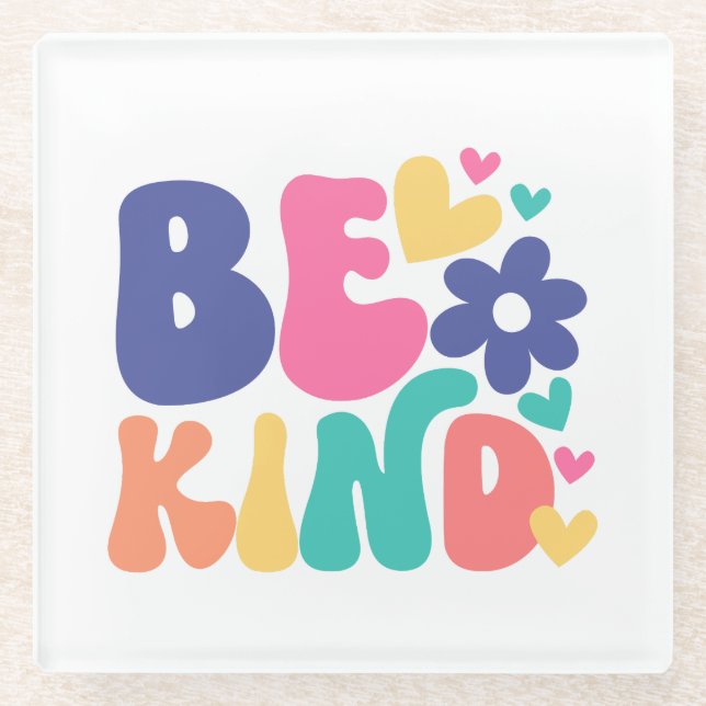 Retro Boho Be Kind  – Colourful Groovy Flower Hear Glass Coaster (Front)