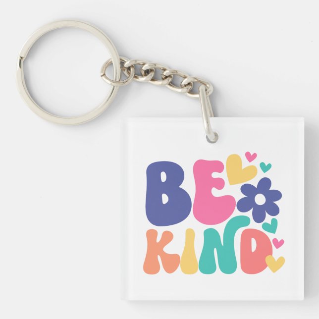 Retro Boho Be Kind  – Colourful Groovy Flower Hear Key Ring (Front)