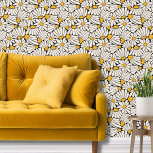 Retro boho black yellow botanical abstract floral wallpaper