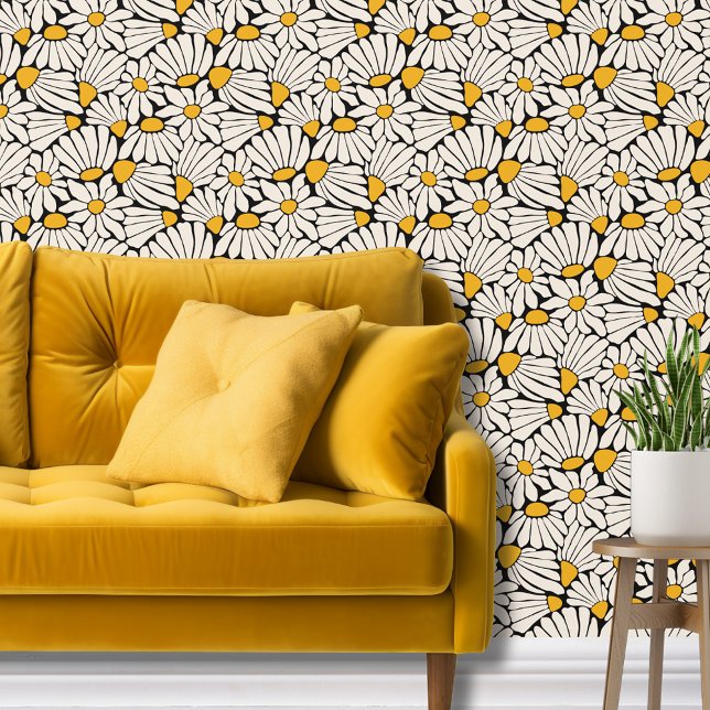 Retro boho black yellow botanical abstract floral wallpaper (Modern block print daisy floral wallpaper with a retro vibe in black, mustard yellow and cream.)