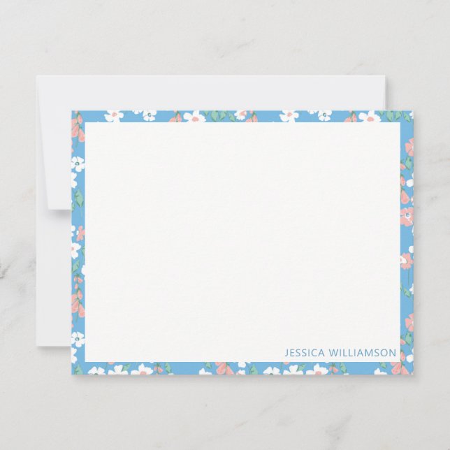 Retro Boho Blue Ditsy Floral Personalised Name Card (Front)