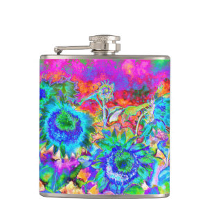 Retro boho blue purple pink flowers hip flask
