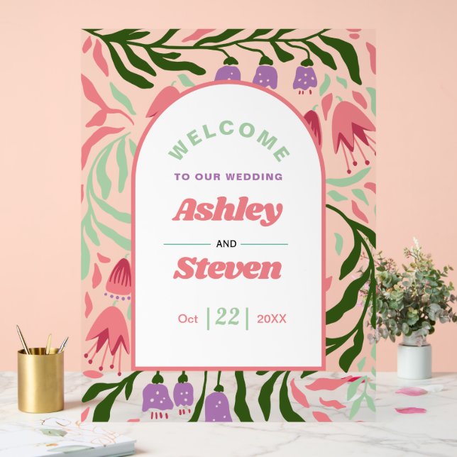 Retro boho branches with flowers welcome wedding acrylic sign (Wedding)