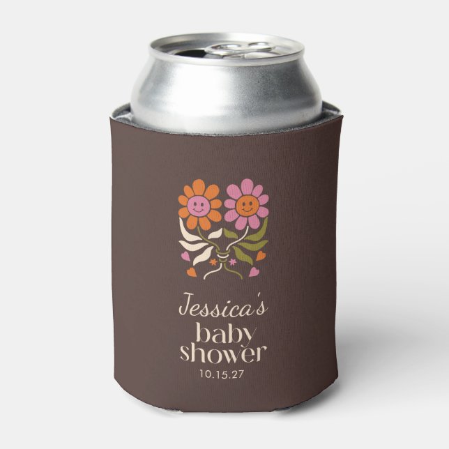 Retro Boho Brown Flower Groovy Baby Shower Custom Can Cooler (Can Front)