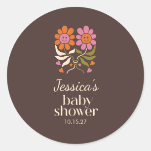 Retro Boho Brown Flower Groovy Baby Shower Custom Classic Round Sticker