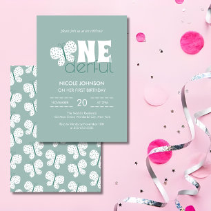 Retro Boho Butterfly Kids 1st Birthday Dusty Blue Invitation