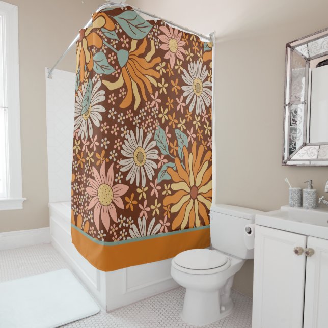 Retro Boho Camel Floral Pattern Shower Curtain (In Situ)