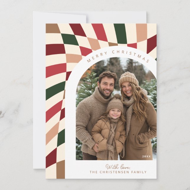 Retro Boho Chequered Photo Christmas Card (Front)