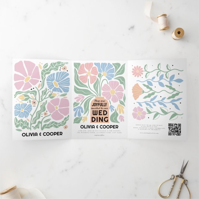 Retro Boho Chic Abstract Floral Wedding Details Tri-Fold Invitation (Inside)
