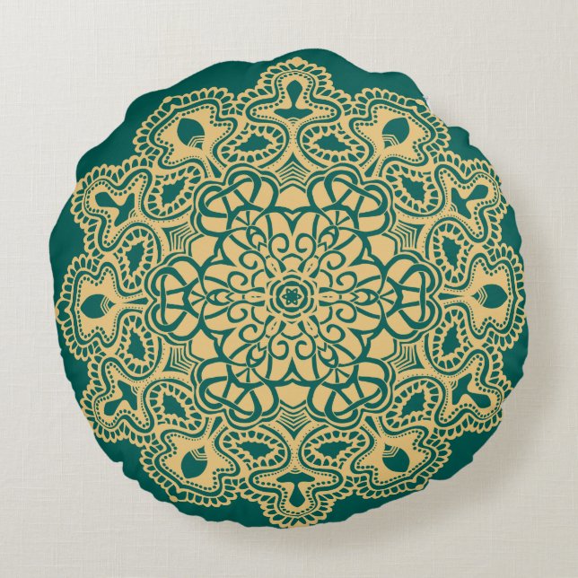 Retro Boho Chic Bohemian Hippie Rosette Mandala Round Cushion (Back)