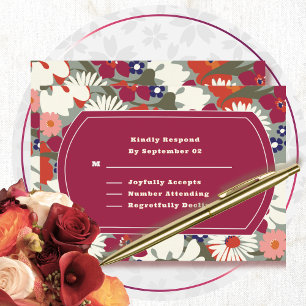 Retro Boho Chic Floral Burgundy Wedding RSVP
