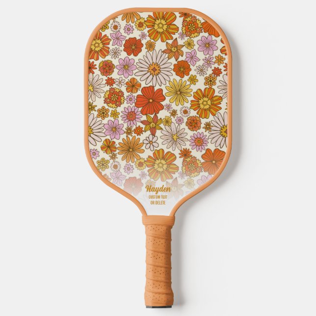 Retro Boho Chic Floral Print Custom Text Cool Pickleball Paddle (Front)