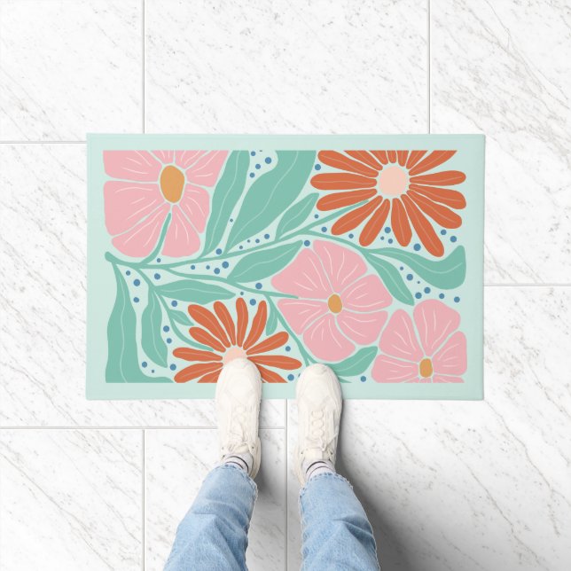 Retro Boho Chic Flowers Mint  Doormat (Indoor)
