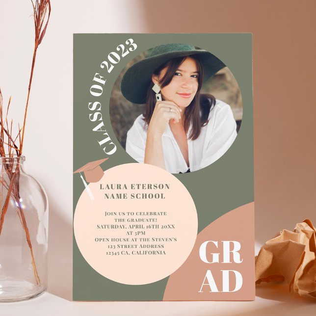 Retro boho circle green brown 5 photos graduation invitation (Creator Uploaded)