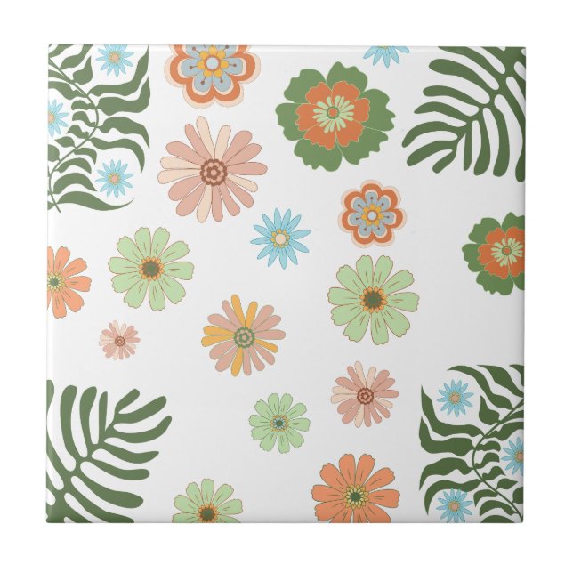 retro boho colourful floral botanical stylish ceramic tile (Front)