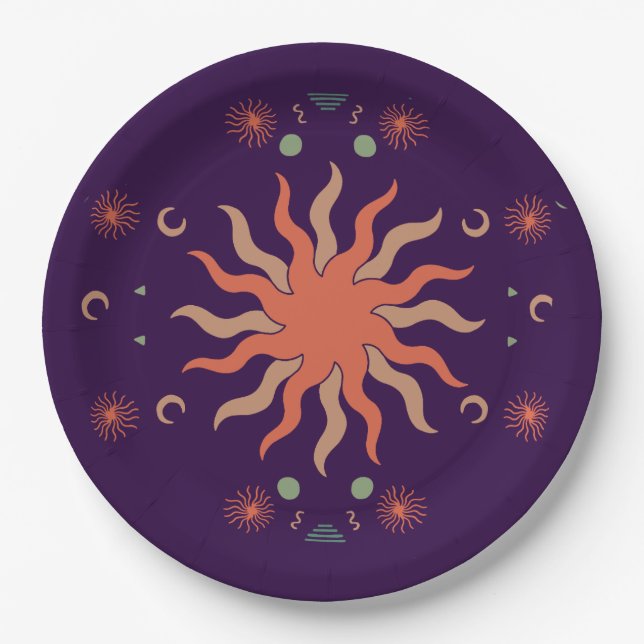 Retro Boho Coral and Purple Sun and Moon Paper Plate (Front)