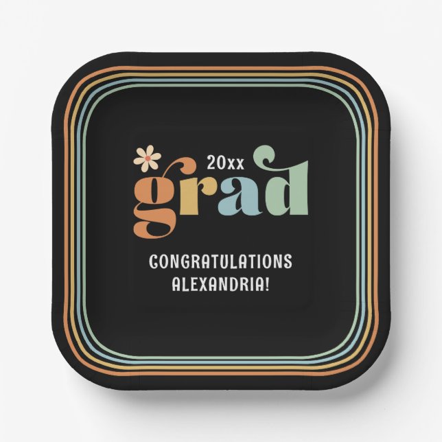 Retro Boho Daisy 2026 Grad Party Paper Plates (Front)