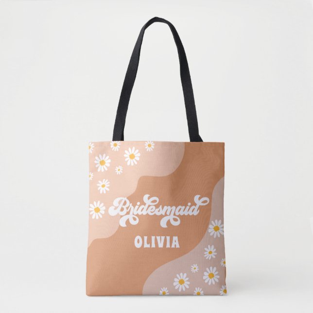 Retro Boho Daisy Personalised Bridesmaid Gift Tote Bag (Front)