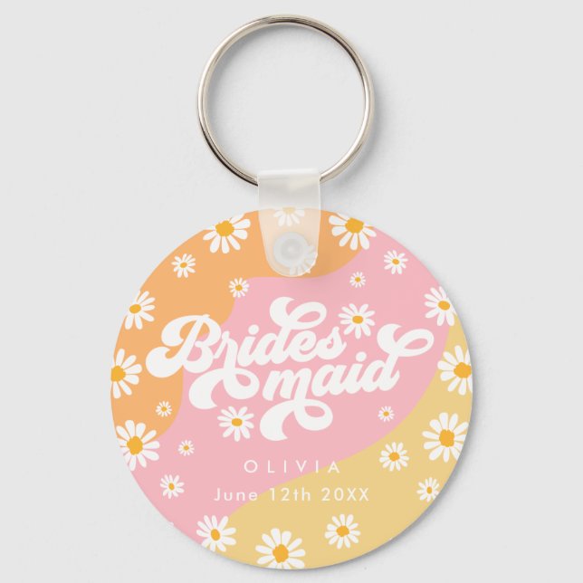 Retro Boho Daisy Personalized Bridesmaid Gift Key Ring (Front)