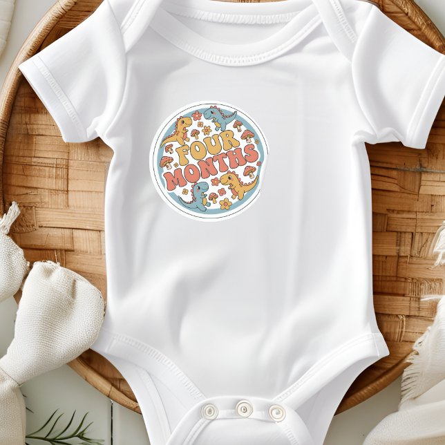 Retro Boho Dinosaur Baby Four Months Milestone Classic Round Sticker (Creator Uploaded)