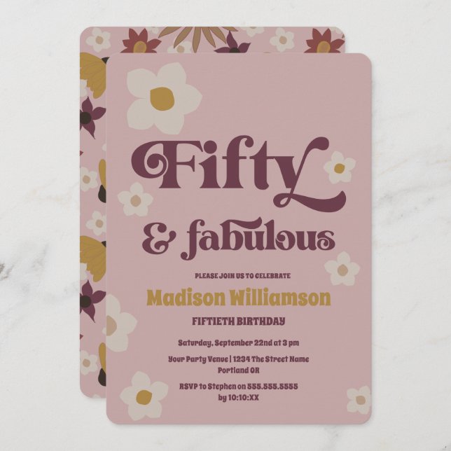 Retro Boho Dusty Pink 50 & Fabulous Birthday  Invitation (Front/Back)