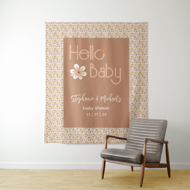 Retro Boho Floral Baby Shower Backdrop Tapestry (In Situ)