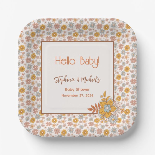 Retro Boho Floral Baby Shower Gender Neutral Paper Plate (Front)