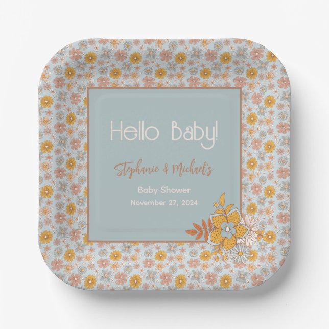 Retro Boho Floral Baby Shower Gender Neutral Paper Plate (Front)