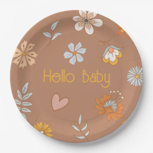 Retro Boho Floral Baby Shower Hello Baby Tableware Paper Plate