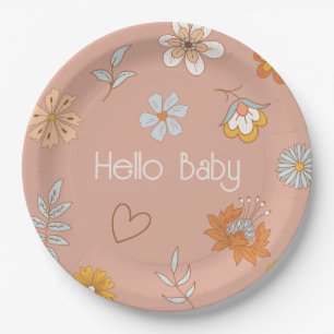 Retro Boho Floral Baby Shower Hello Baby Tableware Paper Plate