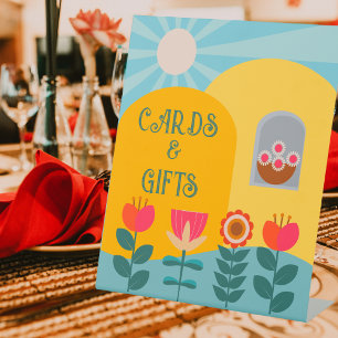 Retro Boho Floral Bold & Bright Colourful Wedding  Pedestal Sign