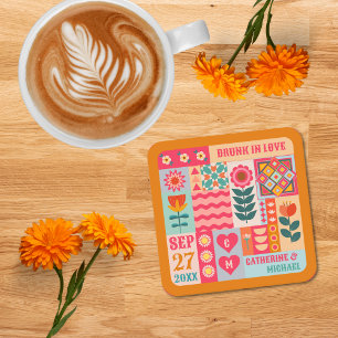 Retro Boho Floral Bold & Bright Colourful Wedding Square Paper Coaster