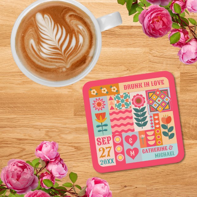 Retro Boho Floral Bold & Bright Colourful Wedding Square Paper Coaster (Creator Uploaded)