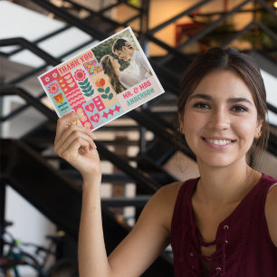 Retro Boho Floral Bold & Bright Colourful Wedding Thank You Card