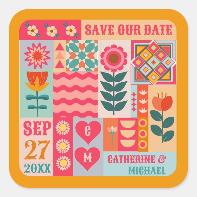 Retro Boho Floral Bold & Bright Save The Date Square Sticker (Front)