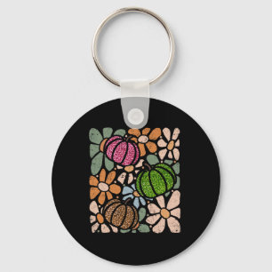 Retro Boho Floral Fall Pumpkin Autumn Thanksgiving Key Ring